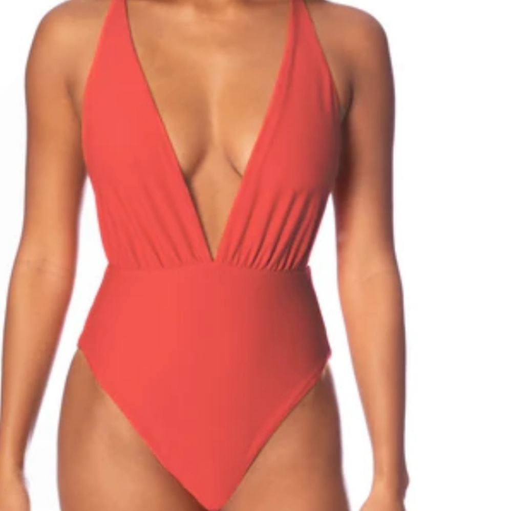 Aerie Fiery Burnt Orange Plunge One-Piece Swimsuit Sz Small Regular